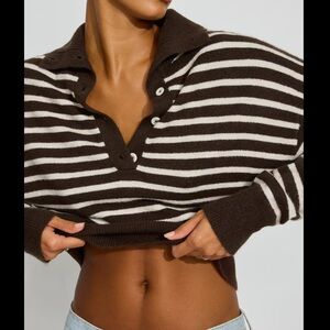 Garage Long Sleeve Spongy Henley Sweater- Armadillo Brown/Rainy Day Stripes